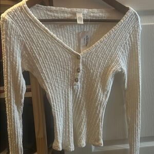 Tilly's Cream Ribbed Buttoned Fitted Blouse